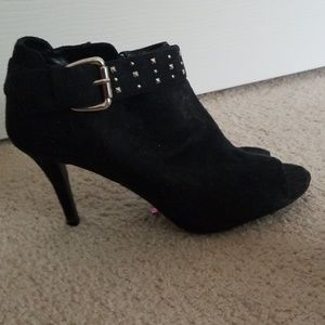 Black, open toe ankle boots